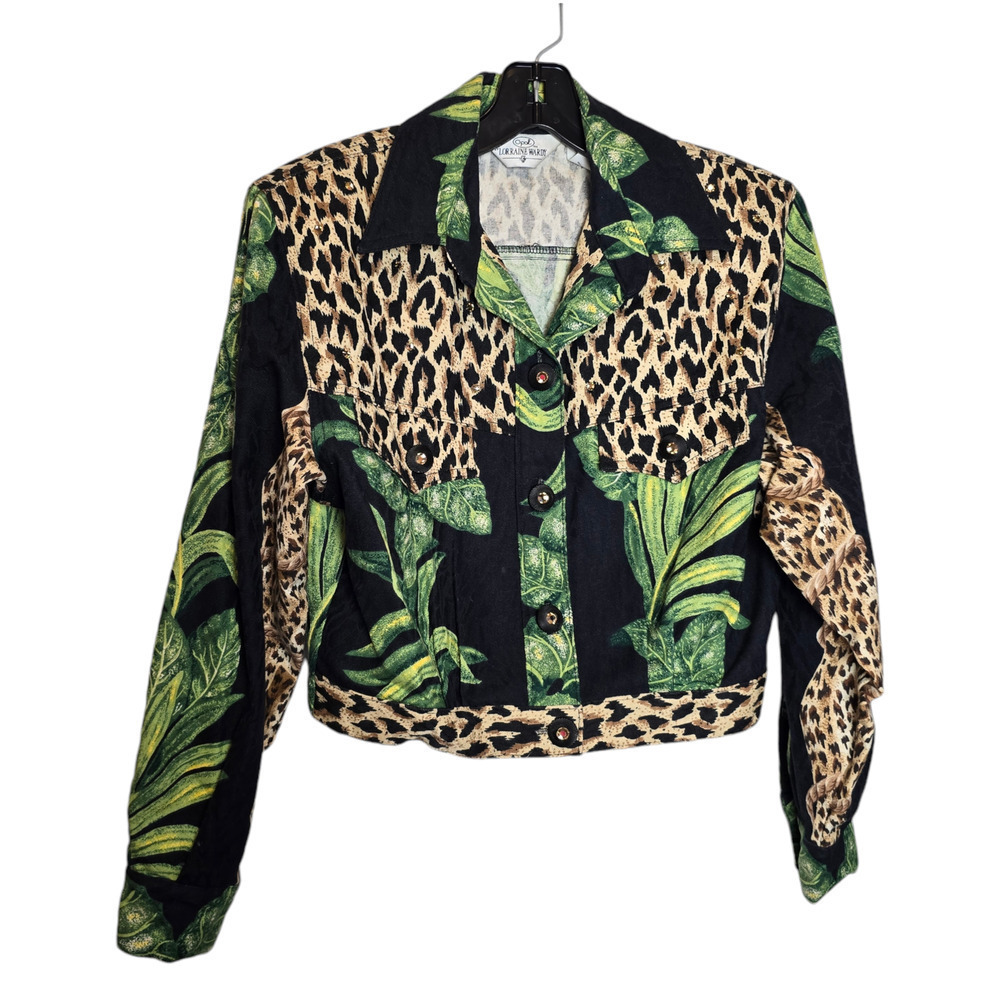 Vintage 80s 100% Cotton Jungle Print Cropped Button Up Lorraine Wardy Jacket XS